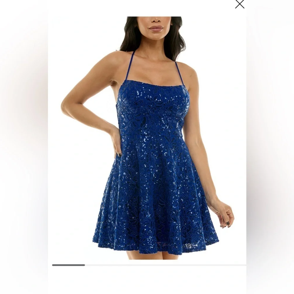 Embroidered Sequin Square Neck Spaghetti Strap Criss Cross Back Fit & Flare - Picture 2 of 10